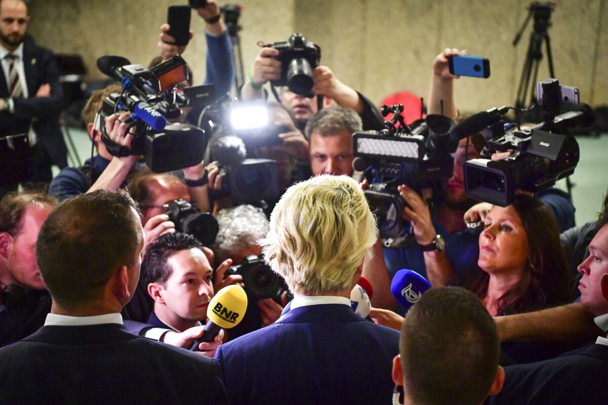 epaselect epa05851027 Leader of the Party for Freedom (PVV), Geert Wilders reacts on the election results in The Hague, The Netherlands, 16 March 2017. According to initial exit polls in the Dutch parliamentary elections, Prime Minister Mark Rutte's center-right People's Party for Freedom and Democracy (VVD) is projected to win 31 seats out of 150, and the far-right party of Wilders with 19 seats. EPA/ROBIN UTRECHT